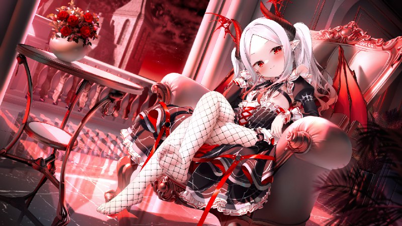 玲Source by Pixiv @鬼针草#鬼族少女 #吸血鬼 #脚底 #网袜 #跷二郎腿—————频道导航原图已上传至评论区