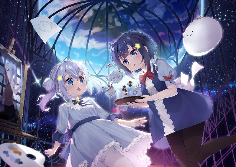 宇宙センターの中で浮かぶフユ&チノ#ごちうさ source