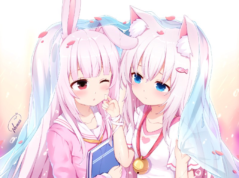 ₍ᐢ. .ᐢ₎♥ฅ(˘• •˘ฅ) / Nomier もち米#百合イラコン2 #オリジナル #百合 #獣耳 #セーラー服 #雨 #オリキャラ #猫耳 #ロリ