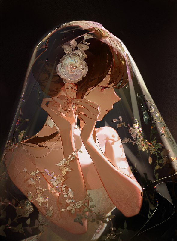 #anime #animegirls #artwork #flowerinhair #weddingdress #redeyes