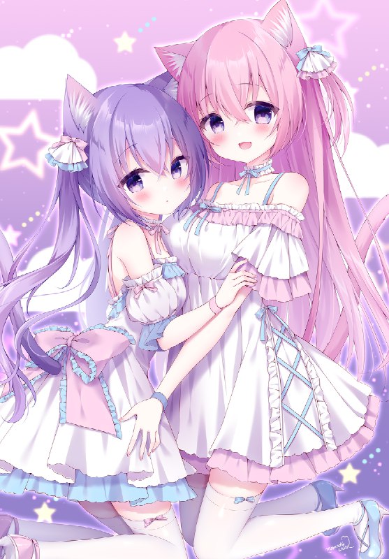🎀 / 桃稚ちあ#オリジナル #女の子 #創作 #ロリ #ネコ耳 #猫耳 #オフショルダーワンピース