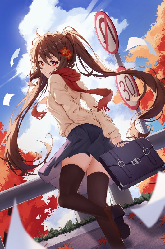 秋の青春 / モカパン#女の子 #原神 #GenshinImpact #魅惑のふともも #見返り #ツインテール #女子高生 #学生服 #胡桃 #胡桃(原神)