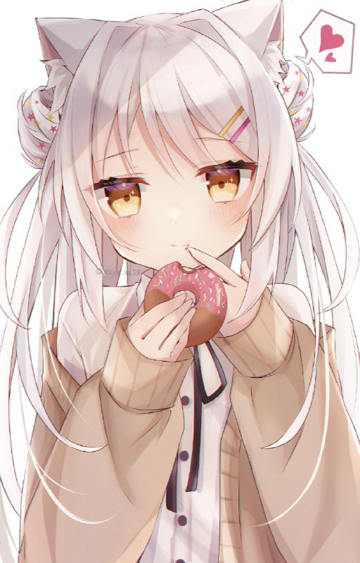 「美味しいね…」 / ツユハ#オリジナル #女の子 #白髪 #猫耳 #ドーナツ
