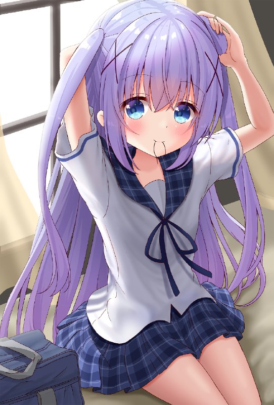  朝の支度チノちゃん#ご注文はうさぎですか? #香風智乃 #セーラー服 #咥え髪留め #直パン座り