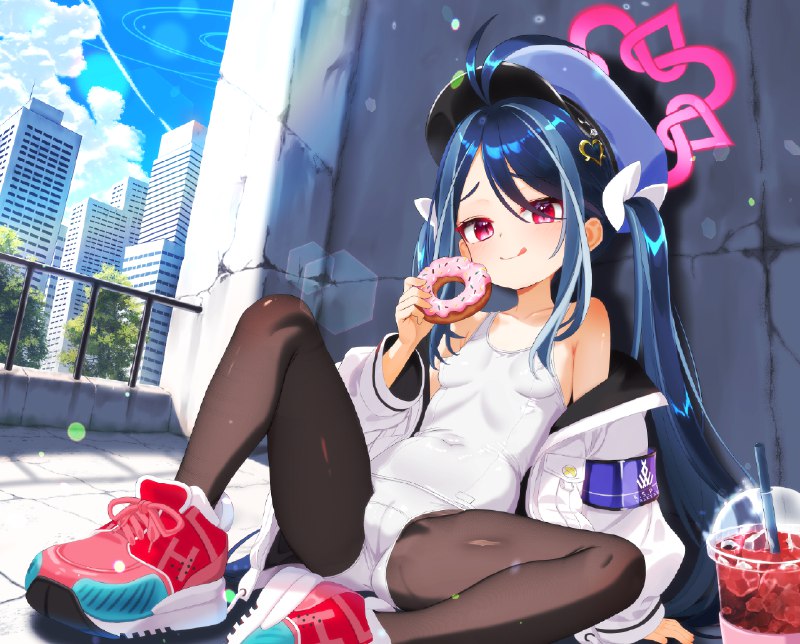 %mid% 屋上でサボるフブキ#合歓垣フブキ #ブルーアーカイブ #ブルアカ #BlueArchive #黒スト #黒タイツ #女の子 #ドーナツ
