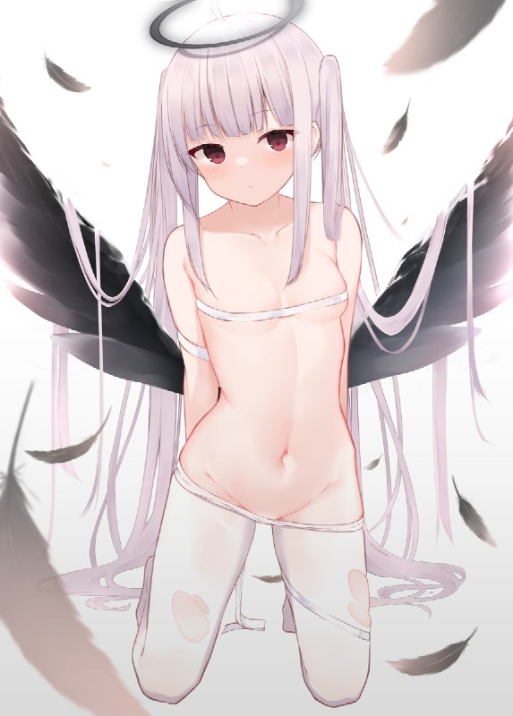  堕天使#オリジナル #女の子 #おへそ #白髪 #ツインテール #堕天使 #おっぱい #白タイツ #貧乳 #オリジナル1000users入り