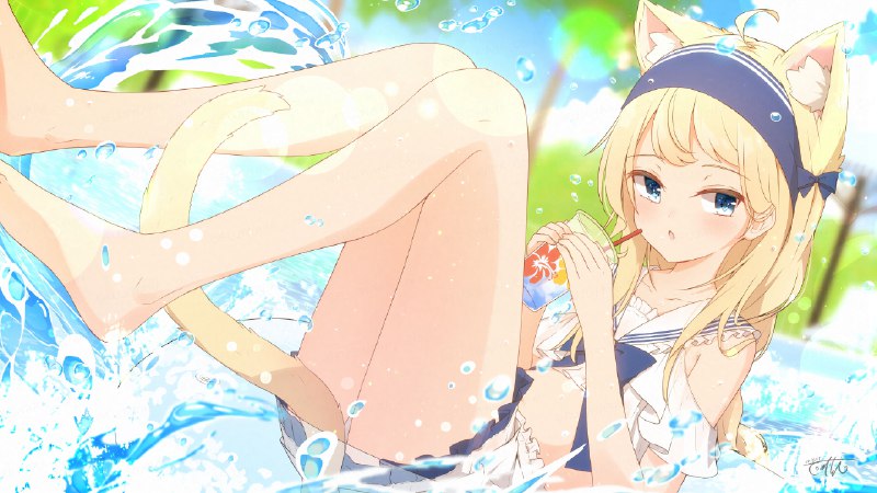 %mid% セーラー水着#女の子 #ケモミミ #猫耳 #尻尾 #水着 #セーラー水着 #金髪 #ふともも