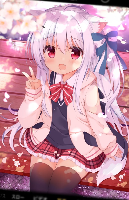 春 / 九条だんぼ#オリジナル #女の子 #獣耳 #こいぬちゃん #ベンチ #ピースサイン #桜吹雪 #制服 #桜 #オリジナル10000users入り