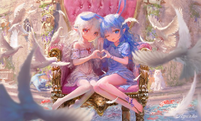 贴贴 (>'-'<) / id=116302350 / Ayaxno #女の子 #白髪 #ロリ #原創 #背景 #裸足 #エルフ耳 #白いストッキング #足指 #百合
