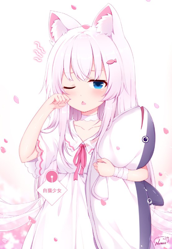 🌸🌸(ฅ´ω`ฅ) / Nomier もち米#獣耳 #ロリ #白ワンピ #桜 #オリキャラ #猫耳