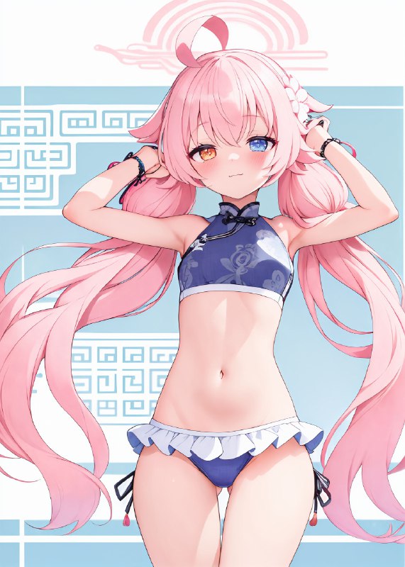  チャ水おじさん#AIイラスト #女の子 #少女 #ちっぱい #ロリ #BlueArchive #ブルーアーカイブ #小鳥遊ホシノ #水着 #チャイナ服
