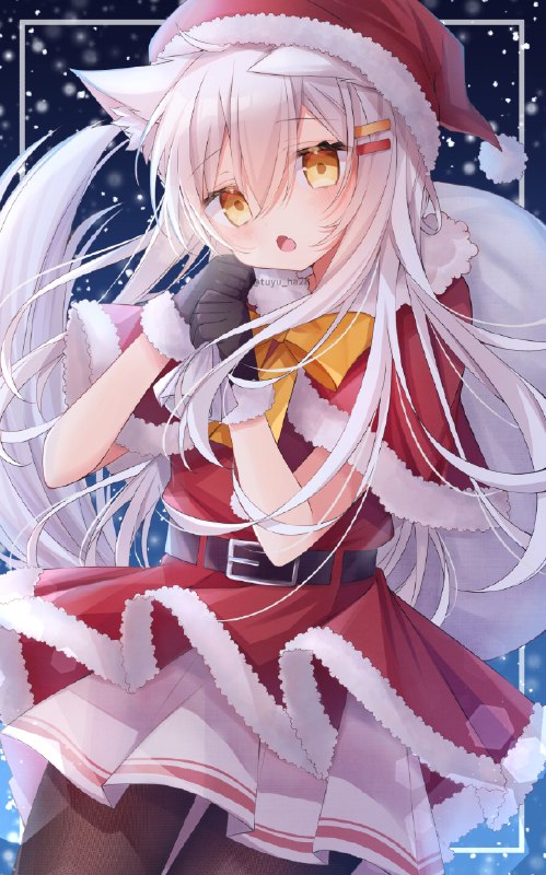 「メリークリスマス！」 / ツユハ#オリジナル #女の子 #クリスマス #サンタ #黒タイツ #白髪 #狐耳 #ケモミミ