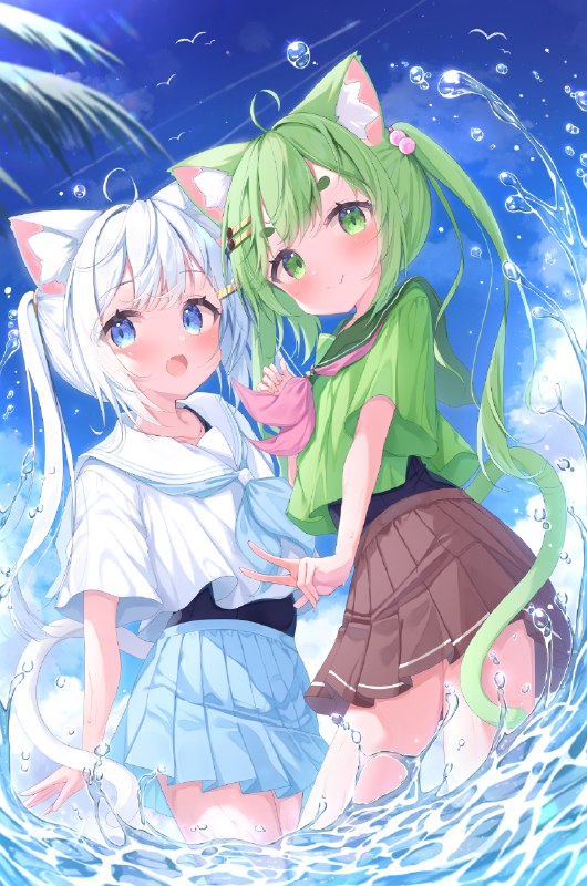 %mid% ネコネコサマー！#オリジナル #猫耳 #ケモミミ #セーラー服 #制服 #スク水 #海 #ツインテール