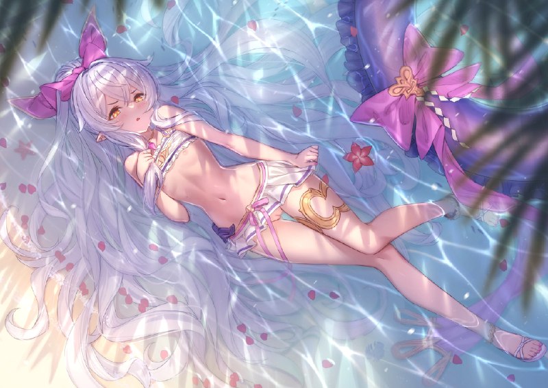 #bikini #bow #flat_chest #granblue_fantasy #gray_hair #long_hair #medusa_shingeki_no_bahamut #navel #nipples #orange_eyes #pointed_ears #ponytail #pussy #shade #shingeki_no_bahamut #signed #skirt #swim_ring #swimsuit #uncensored #water #yellowpaint