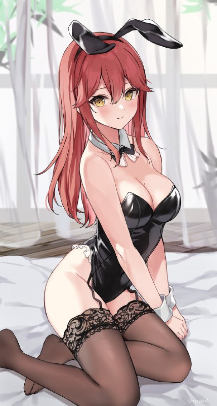 #anime #animegirls #bunnysuit #bunnyears #stockings #cleavage #bigboobs #redhead #yelloweyes