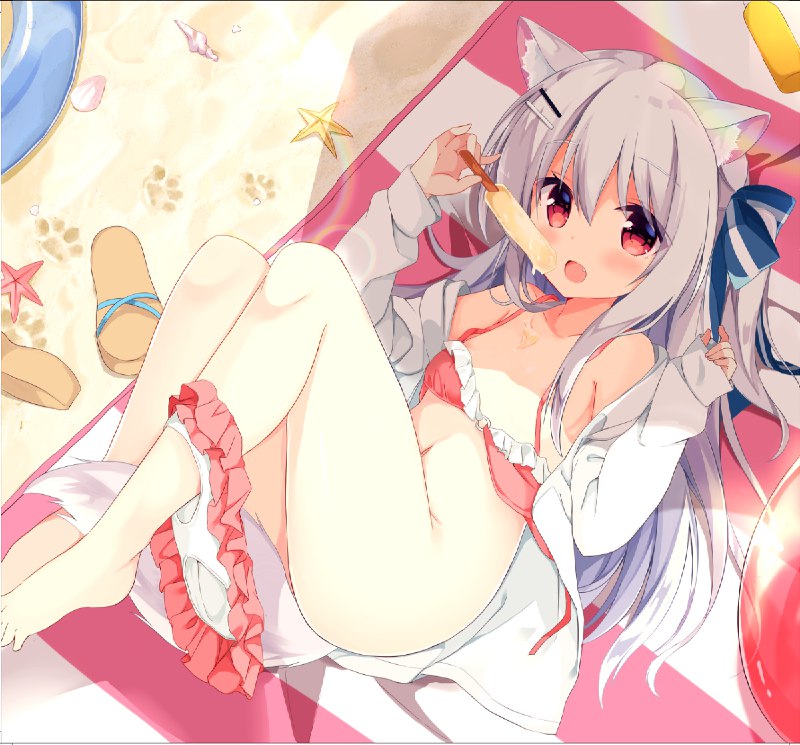 こいぬちゃんとさまーばけーしょん / 九条だんぼ#オリジナル #こいぬちゃん #魅惑のふともも #水着 #尻神様 #仰臥 #棒アイス #オリジナル10000users入り #片足パンツ