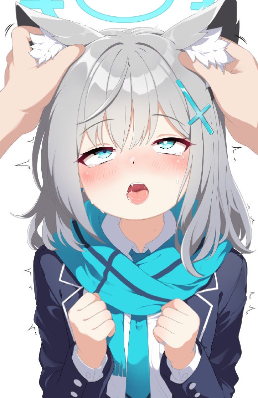 Don't♂stop / 迪达克·范特西只是摸下耳朵就要去了吗？哈基白你这家伙…#蔚蓝档案 #砂狼白子 #兽耳 #脸红 #刘海 #1girl #open_mouth #blue_eyes #simple_background #eyebrows_visible_through_hair #hair_ornament #shirt #white_background #long_sleeves #school_uniform @MoreACG | 在网站查看